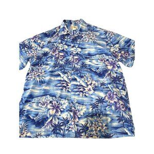 Men's Hawaiian Fashion Aloha Shirt Made In Hawaii Floral & Palm Tree Print Blue